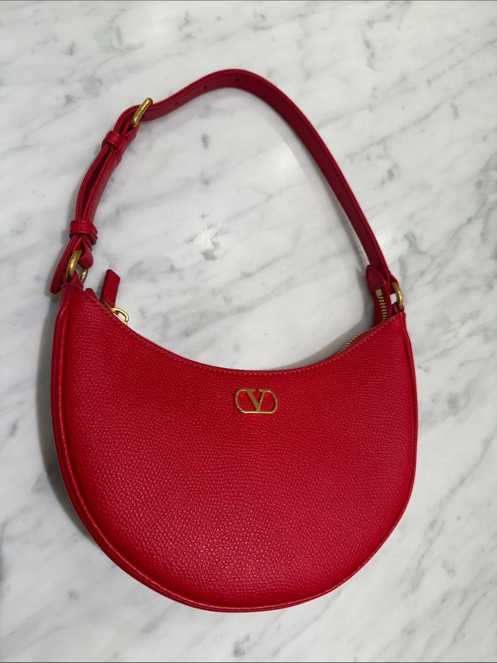 Valentino Red Crescent Shoulder Bag with Gold Hardware
